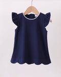 Navy Flutter Sleeve Scallop Top