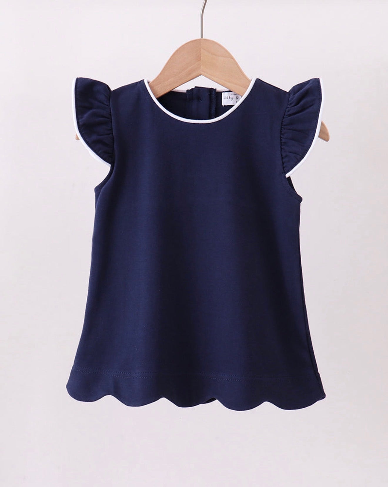 Navy Flutter Sleeve Scallop Top