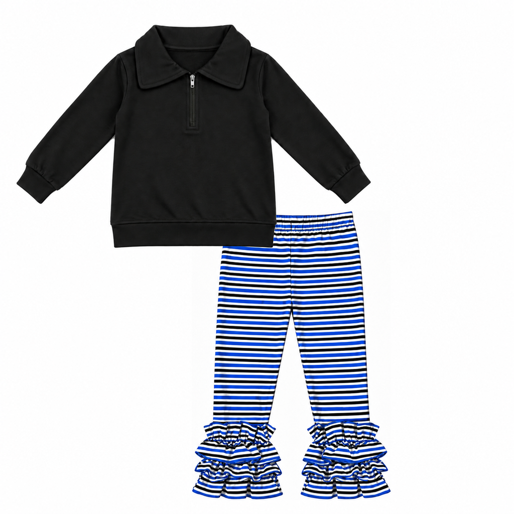 Royal Blue and Black Striped Pant Set